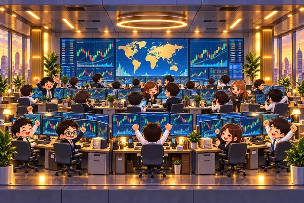 트레이더들이 모니터 앞에서 환호하는 사무실